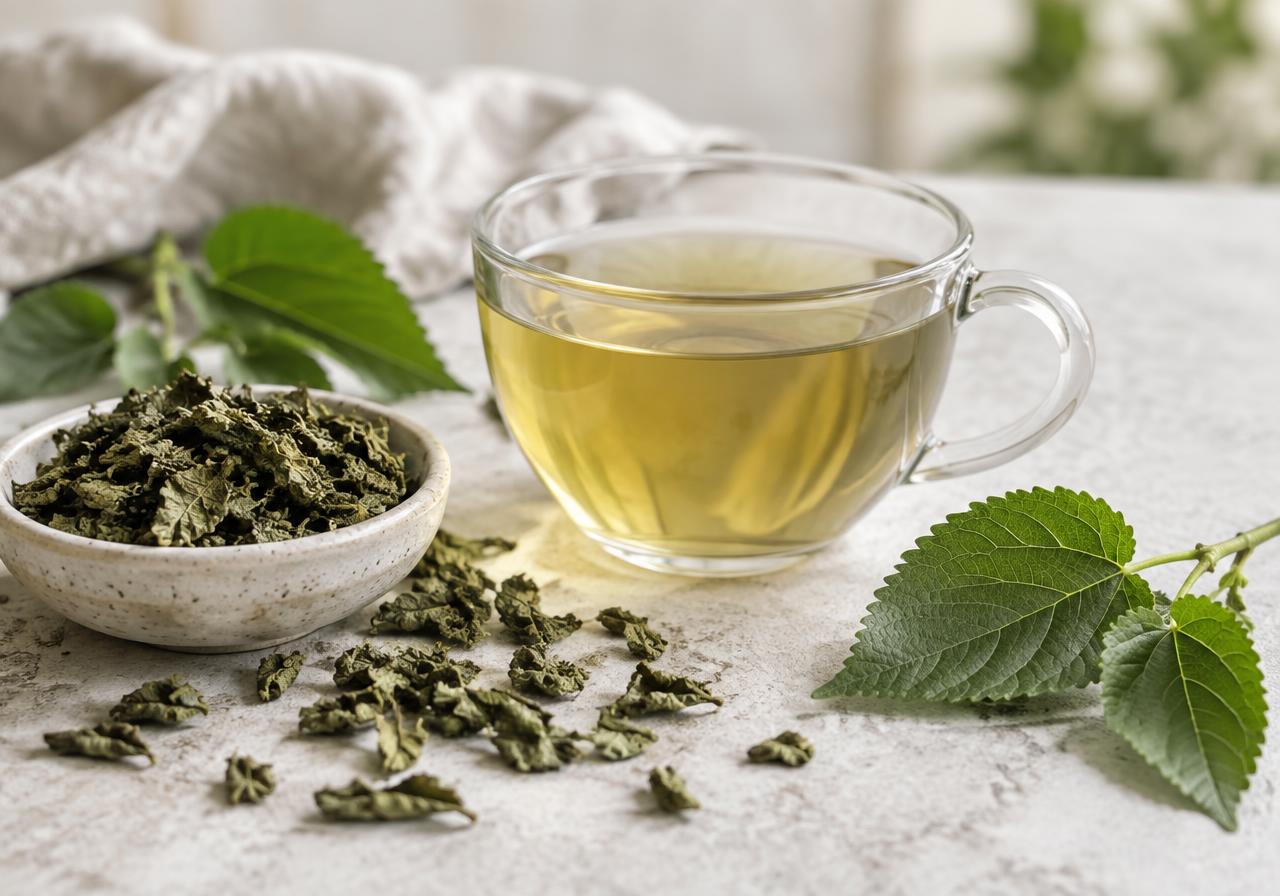 A glass cup of mulberry leaf tea next to dried leaves