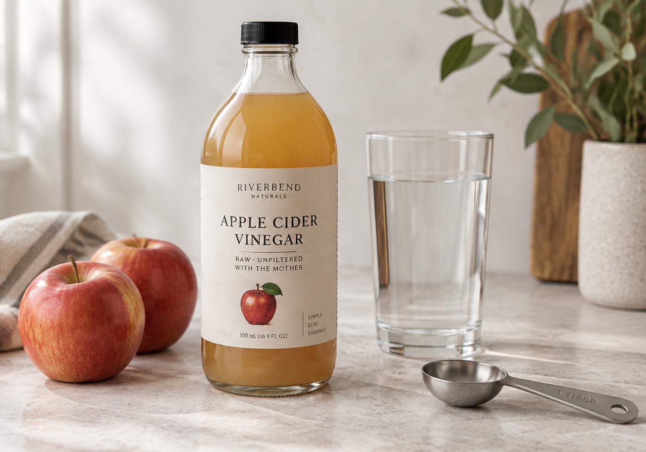 A bottle of raw apple cider vinegar with apples and a glass of water